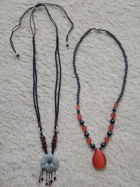 VINTAGE Necklaces, Black/Orange Gunmetal w Tear drop,Jade Handmade Flower/string